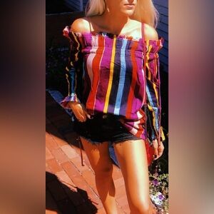 Colorful Striped Off the Shoulder Long Sleeve